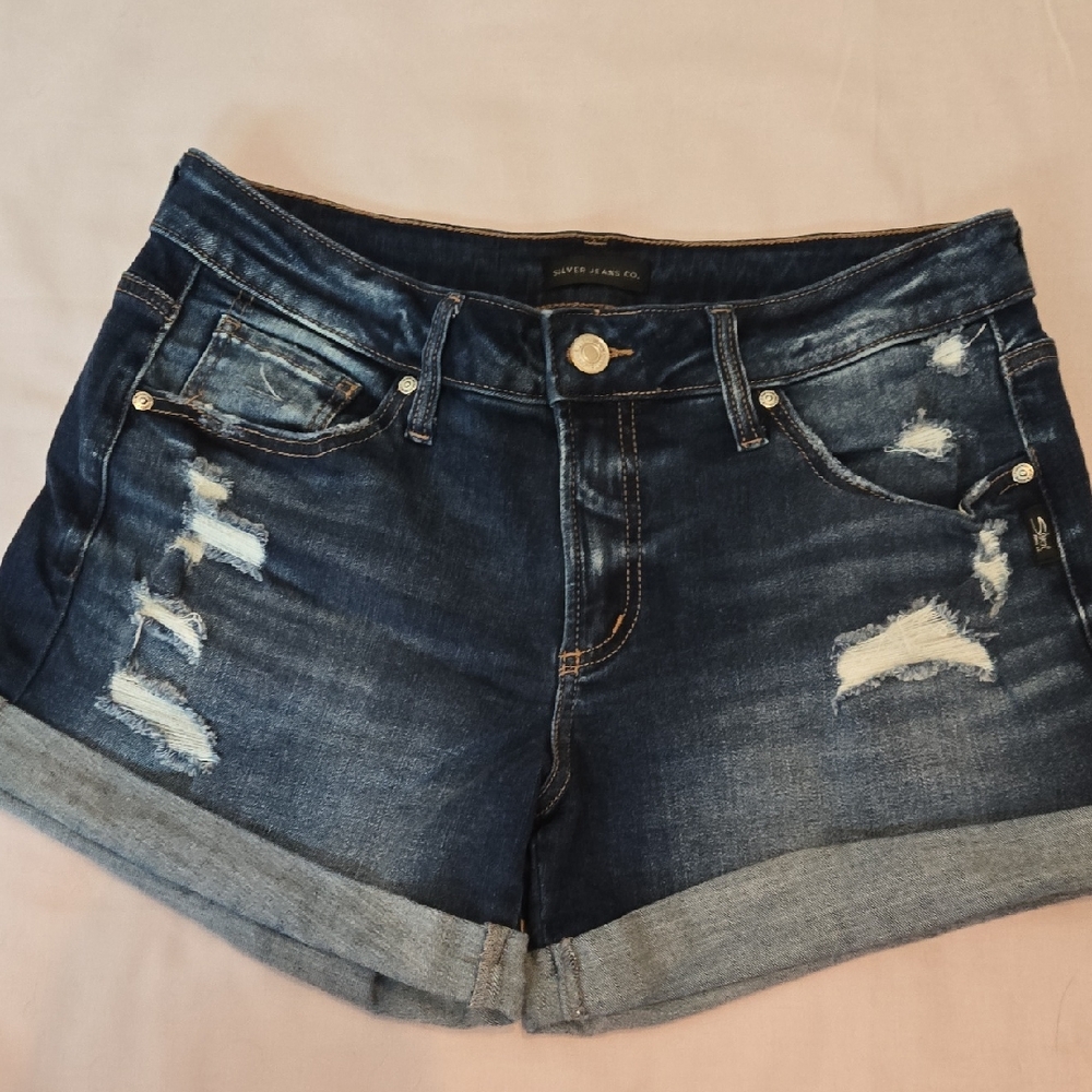 Silver Jeans Dark Blue Distressed Jean Shorts